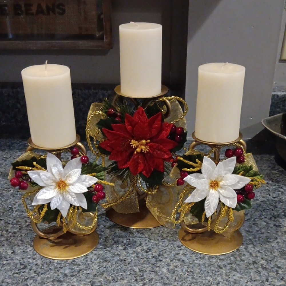 Elegant Holiday Candle Holder Set with Red and White Poinsettias